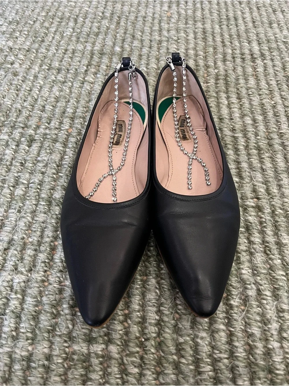 Miu Miu Black Leather Pointed Flats with Crystal Strap